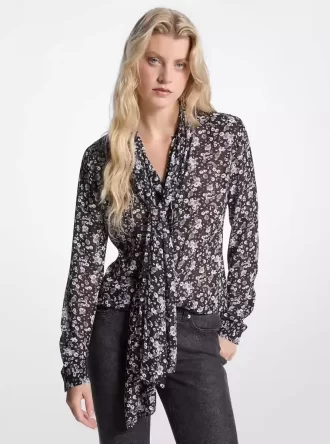 Blusa de georgette con estampado floral y cuello con lazo