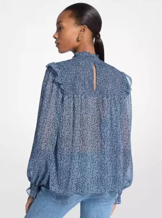 Blusa de georgette fruncida con estampado cachemir metálico