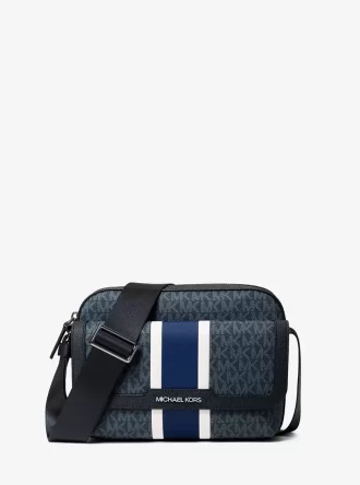 Bolso bandolera para cámara mediano con rayas y logotipo de la firma Cooper