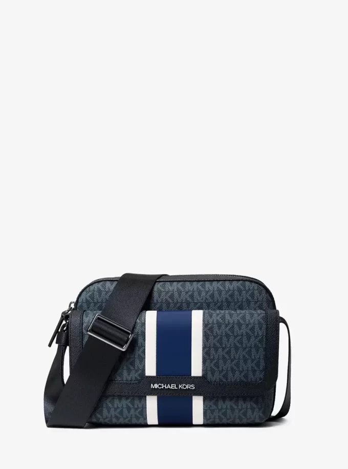 Bolso bandolera para cámara mediano con rayas y logotipo de la firma Cooper