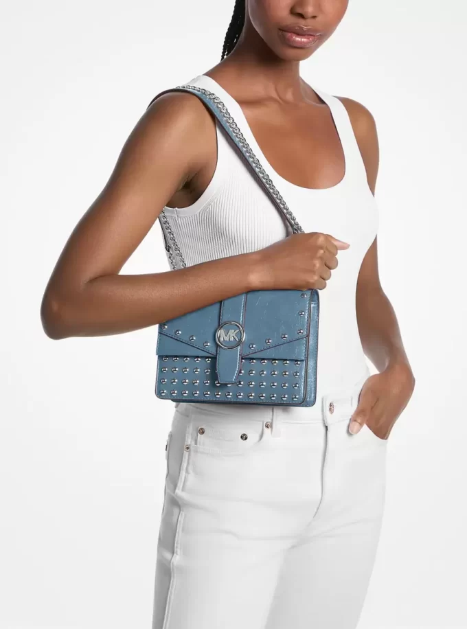 Bolso bandolera pequeño Greenwich con tachuelas y efecto desgastado Bolso bandolera pequeño Greenwich con tachuelas y efecto desgastado