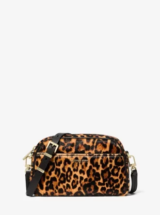Bolso bandolera pequeño Jet Set con estampado de leopardo y piel de becerro.