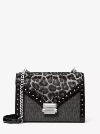 Bolso bandolera Whitney mediano con logo característico y estampado de leopardo en piel de becerro