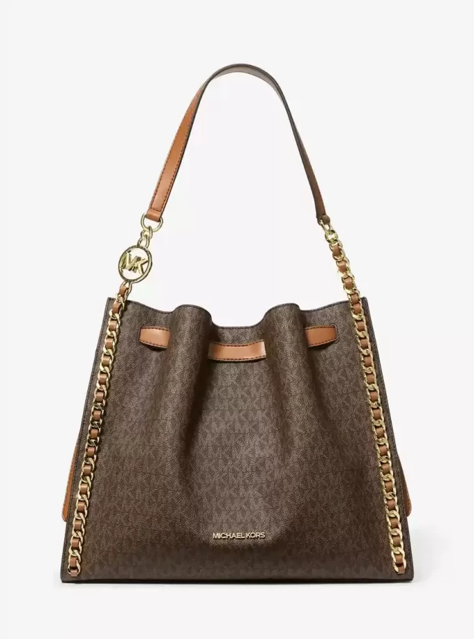 Bolso de hombro Mina grande con cadena y logotipo de la firma Bolso de hombro Mina grande con cadena y logotipo de la firma