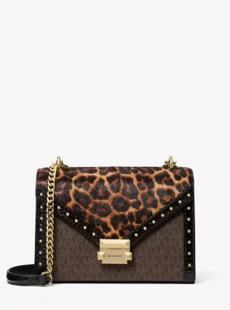 Bolso de hombro Whitney de pelo de becerro con estampado de leopardo y logotipo característico