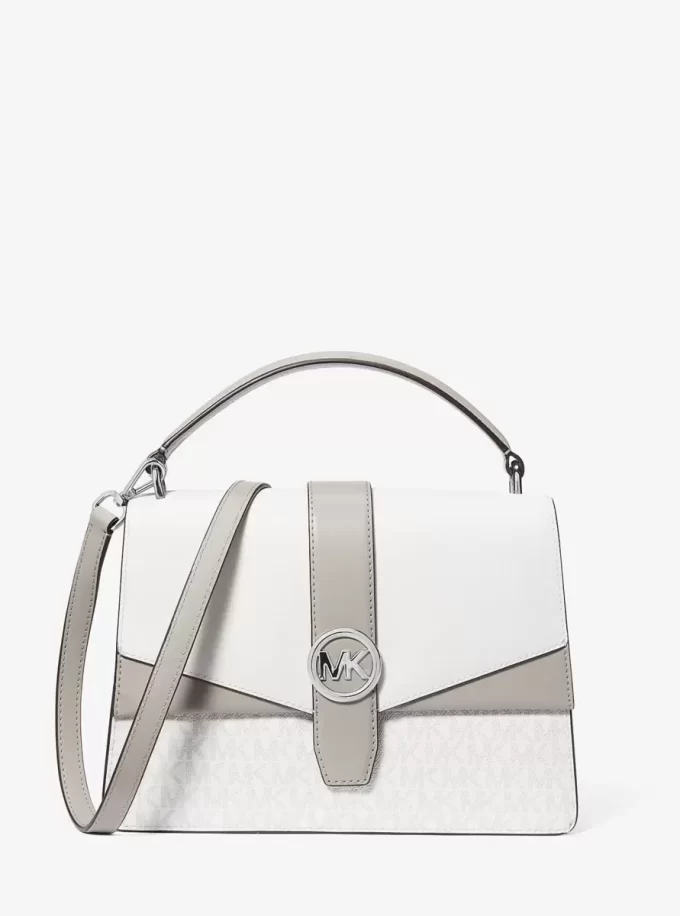 Bolso satchel Greenwich mediano con bloques de color y logotipo exclusivo Bolso satchel Greenwich mediano con bloques de color y logotipo exclusivo