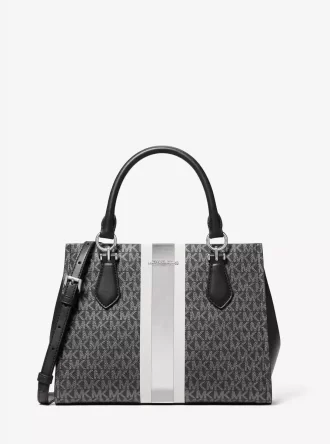 Bolso satchel mediano con rayas y logo de la firma Marilyn