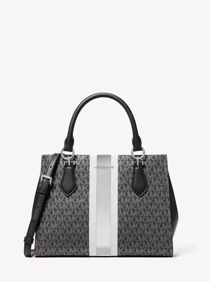 Bolso satchel mediano con rayas y logo de la firma Marilyn