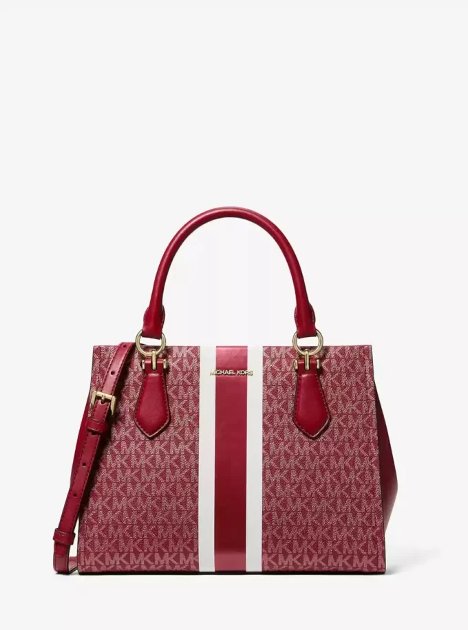 Bolso satchel mediano con rayas y logo de la firma Marilyn