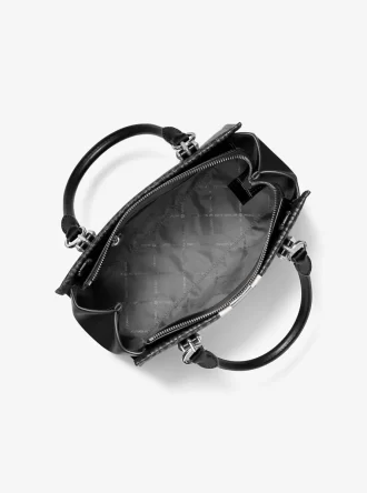 Bolso satchel mediano con rayas y logo de la firma Marilyn