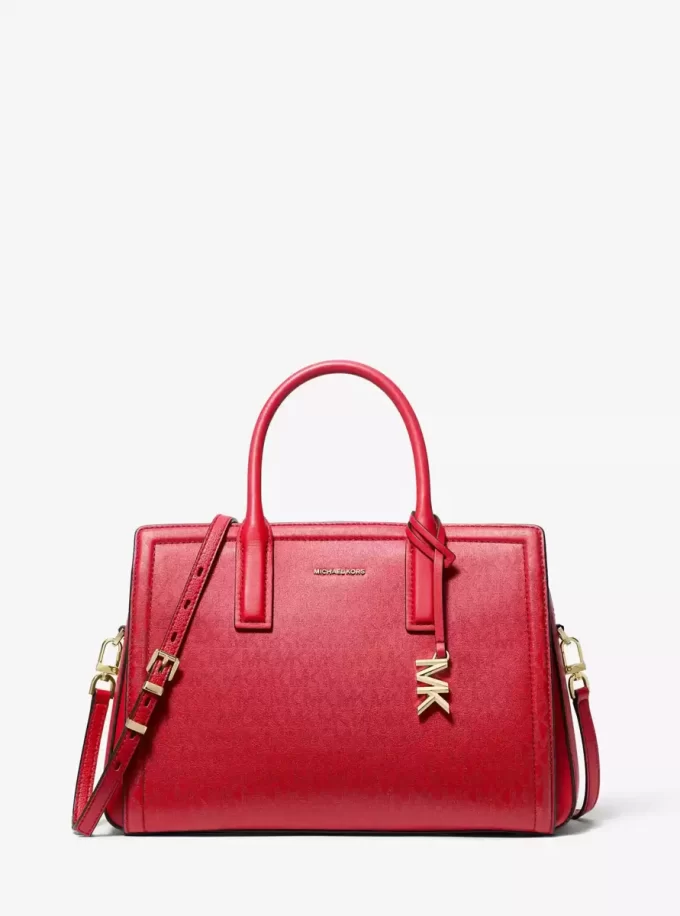 Bolso satchel mediano metálico Laila con logotipo de la firma Bolso satchel mediano metálico Laila con logotipo de la firma