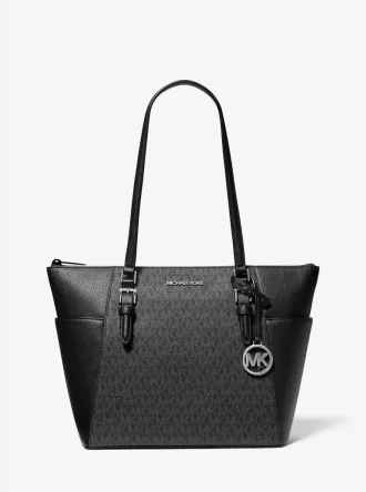 Bolso tote Charlotte grande de cuero con cremallera superior y logotipo