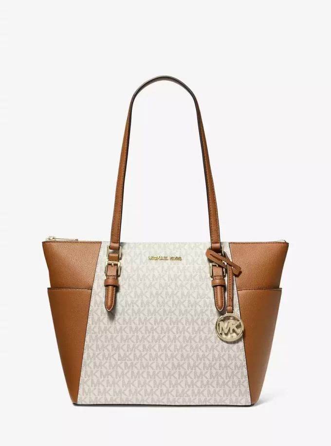 Bolso tote Charlotte grande de cuero con cremallera superior y logotipo