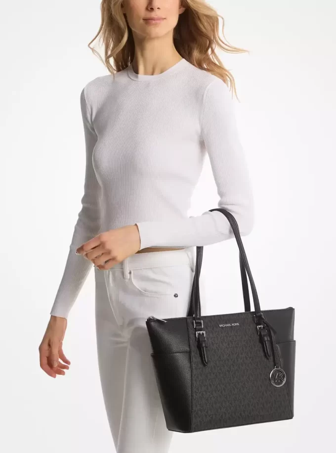 Bolso tote Charlotte grande de cuero con cremallera superior y logotipo