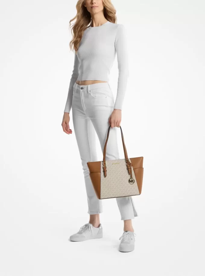 Bolso tote Charlotte grande de cuero con cremallera superior y logotipo