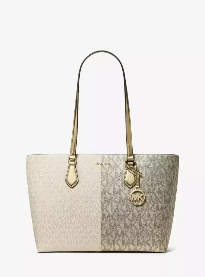 Bolso tote grande Sheila metálico de dos tonos con logotipo de la firma Bolso tote grande Sheila metálico de dos tonos con logotipo de la firma