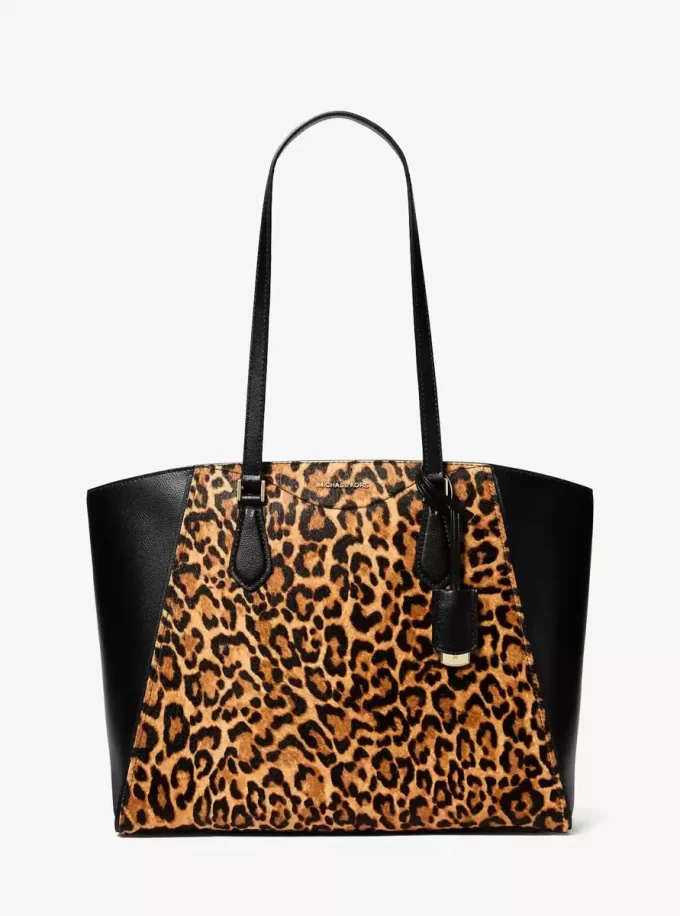 Bolso tote grande Taryn con estampado de leopardo y piel de becerro