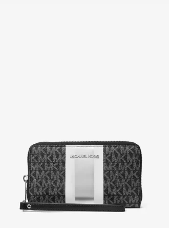 Cartera grande para smartphone con rayas metálicas y el logotipo de la firma Jet Set
