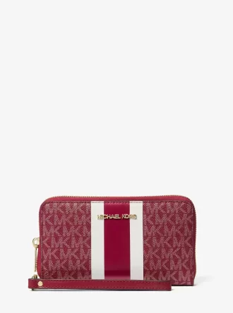 Cartera grande para smartphone con rayas metálicas y el logotipo de la firma Jet Set