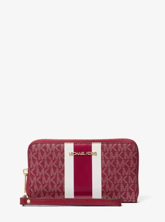 Cartera grande para smartphone con rayas metálicas y el logotipo de la firma Jet Set Cartera grande para smartphone con rayas metálicas y el logotipo de la firma Jet Set