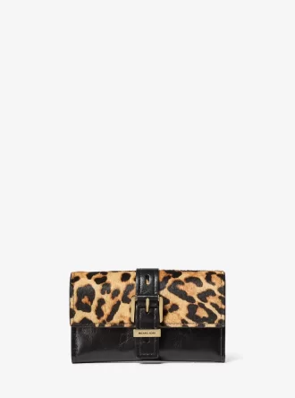 Cartera Nolita mediana plegable de piel de becerro y cuero con estampado de leopardo