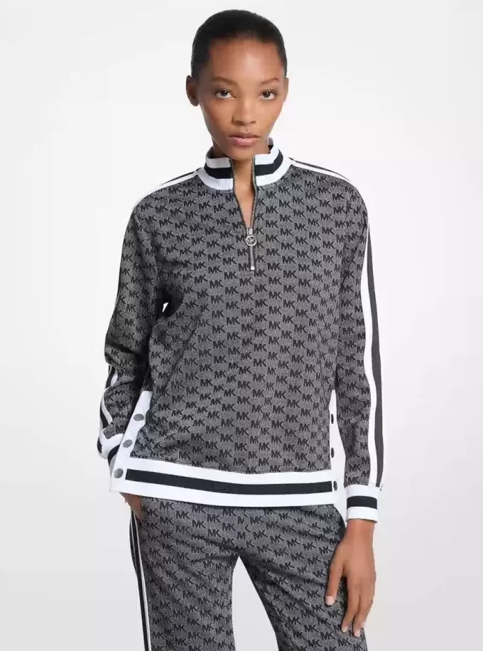 Chaqueta de punto elástico metalizado con estampado del logo y media cremallera