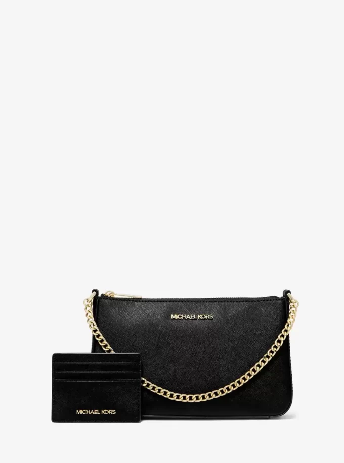 Conjunto de regalo de bolso de hombro mediano de piel saffiano y tarjetero Conjunto de regalo de bolso de hombro mediano de piel saffiano y tarjetero