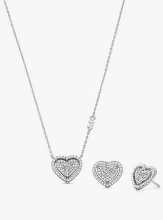 Conjunto de regalo de collar y pendientes con forma de corazón pavé en plata de ley chapada en metal precioso Conjunto de regalo de collar y pendientes con forma de corazón pavé en plata de ley chapada en metal precioso