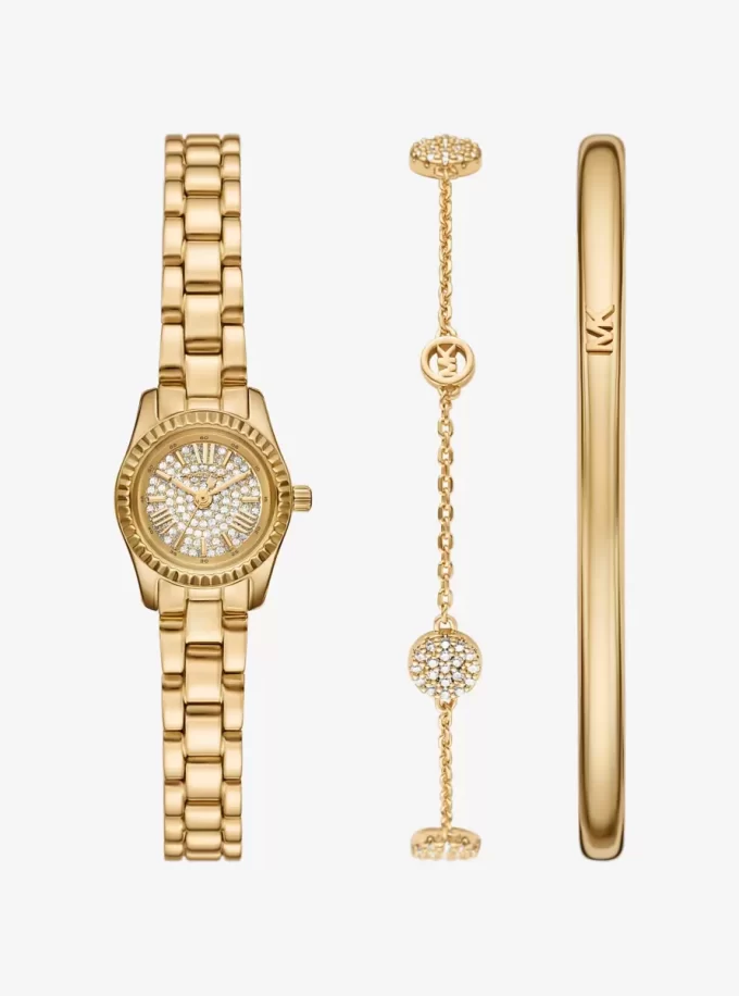 Conjunto de regalo de reloj y joyas Petite Lexington con pavé dorado Conjunto de regalo de reloj y joyas Petite Lexington con pavé dorado