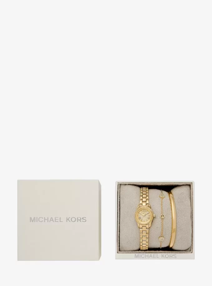 Conjunto de regalo de reloj y joyas Petite Lexington con pavé dorado Conjunto de regalo de reloj y joyas Petite Lexington con pavé dorado