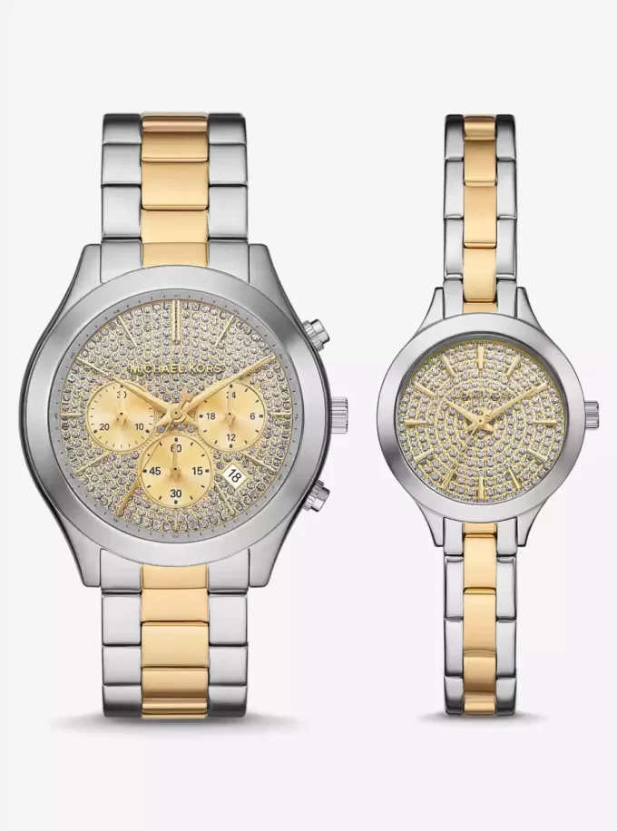 Conjunto de reloj pavé de dos tonos Aspyn para él y para ella Conjunto de reloj pavé de dos tonos Aspyn para él y para ella