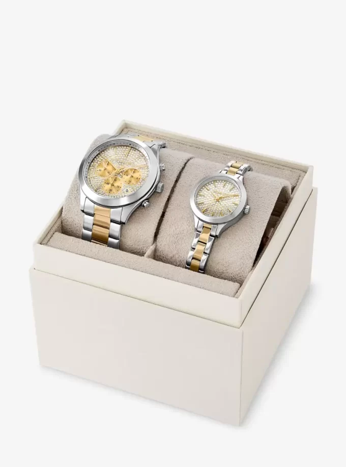 Conjunto de reloj pavé de dos tonos Aspyn para él y para ella Conjunto de reloj pavé de dos tonos Aspyn para él y para ella