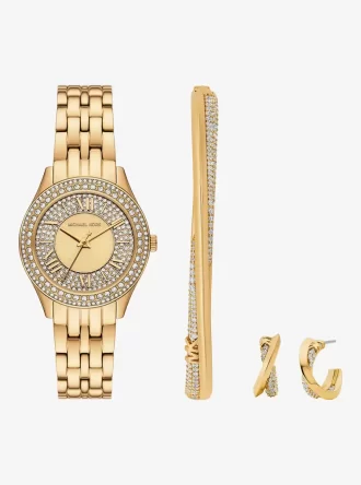 Conjunto de reloj y joyas Mini Harlowe Pavé en tono dorado