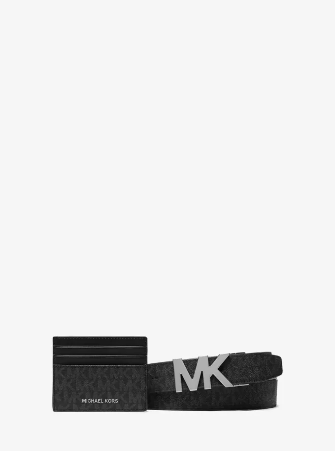 Estuche para tarjetas y cinturón con el logotipo de la firma Estuche para tarjetas y cinturón con el logotipo de la firma