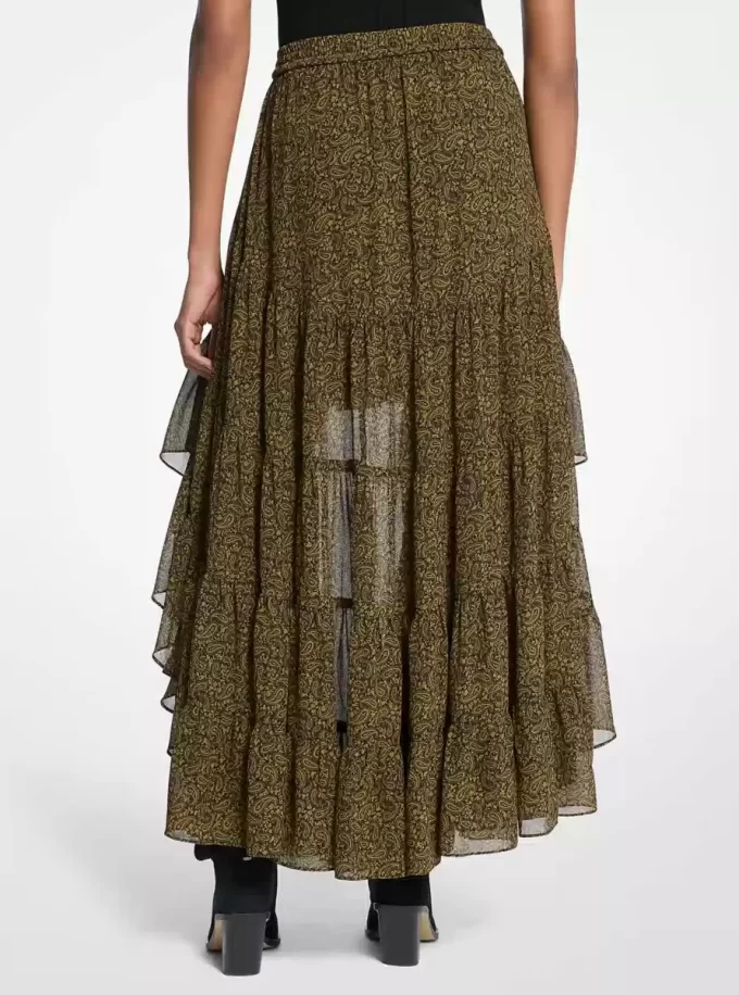 Falda escalonada asimétrica de georgette con estampado paisley