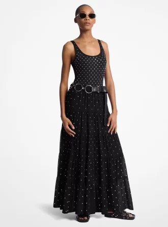 Falda maxi escalonada de georgette con tachuelas