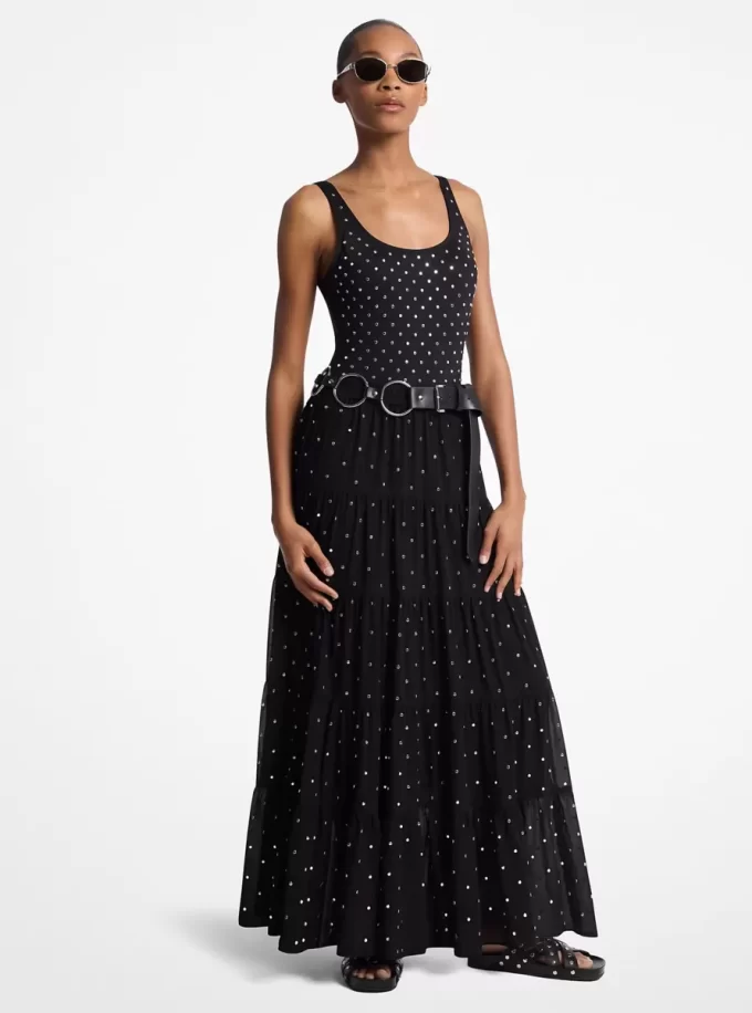 Falda maxi escalonada de georgette con tachuelas