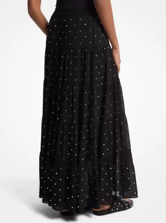 Falda maxi escalonada de georgette con tachuelas