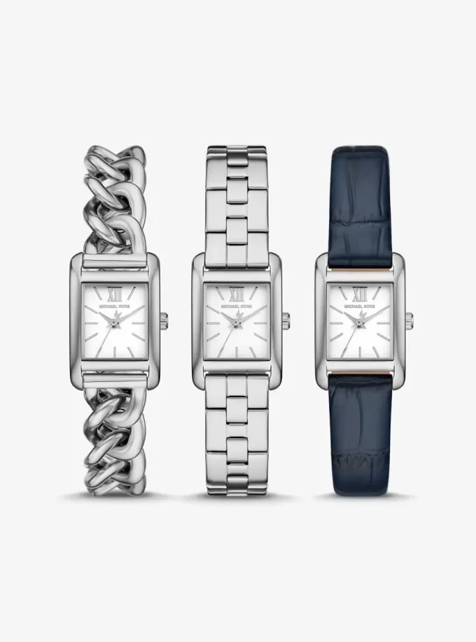 Juego de correas de reloj Petite Monroe de piel plateada con relieve de cocodrilo Juego de correas de reloj Petite Monroe de piel plateada con relieve de cocodrilo