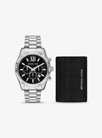 Juego de regalo con reloj Lexington extragrande en tono plateado y tarjetero de piel con relieve de cocodrilo