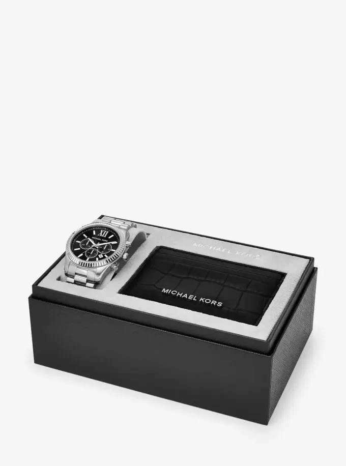 Juego de regalo con reloj Lexington extragrande en tono plateado y tarjetero de piel con relieve de cocodrilo Juego de regalo con reloj Lexington extragrande en tono plateado y tarjetero de piel con relieve de cocodrilo