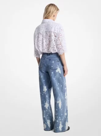 Pantalón vaquero ancho de mezclilla desteñida con salpicaduras de color a mano
