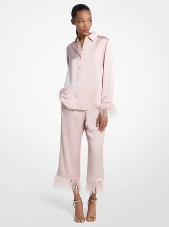 Pantalones de pijama de satén con ribete de plumas