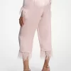 Pantalones de pijama de satén con ribete de plumas Pantalones de pijama de satén con ribete de plumas