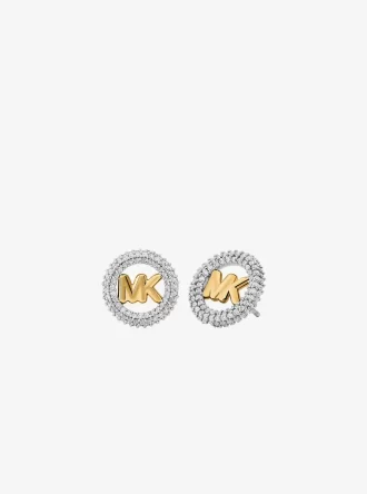 Pendientes de botón bicolor con pequeño colgante de logotipo pavé