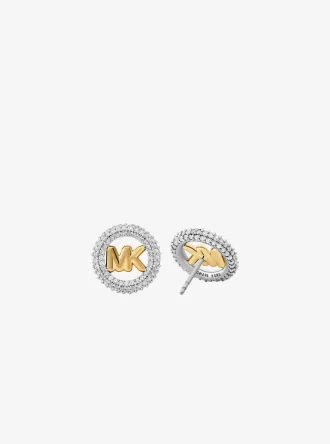 Pendientes de botón bicolor con pequeño colgante de logotipo pavé
