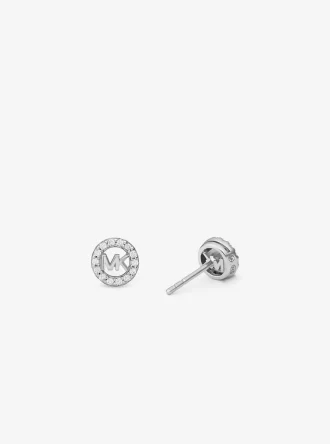 Pendientes de botón con colgante de logotipo pavé en plata de ley chapada en metales preciosos de Fulton