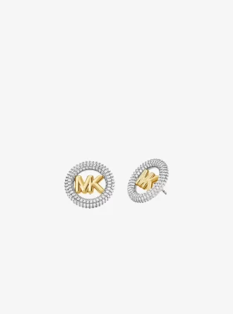 Pendientes de botón medianos con logotipo pavé en latón chapado en metal precioso