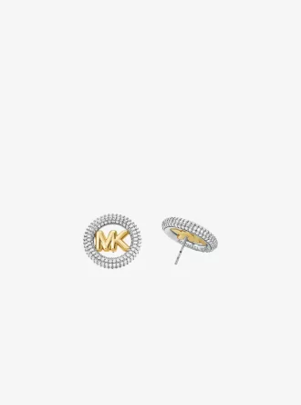 Pendientes de botón medianos con logotipo pavé en latón chapado en metal precioso