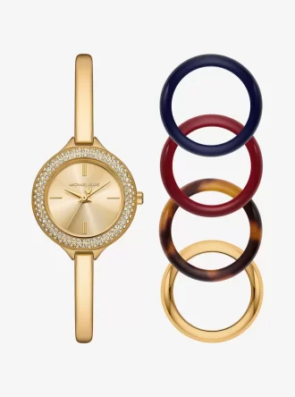 Reloj Mini Izzy Pavé en tono dorado y juego de biseles intercambiables